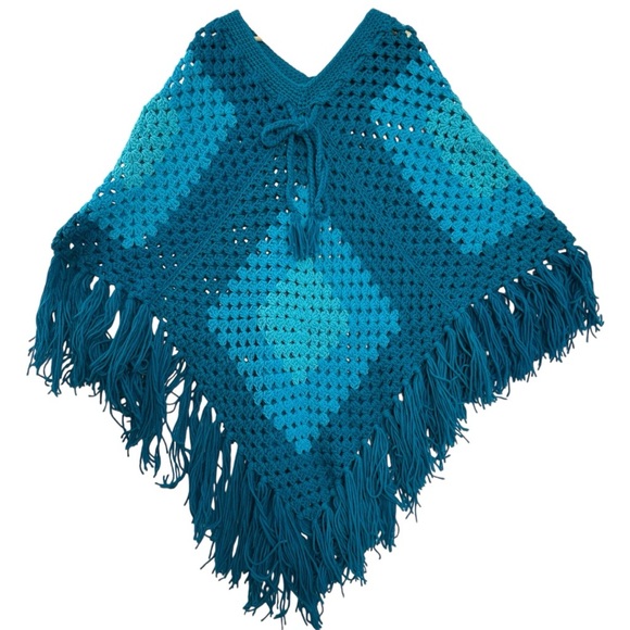 Handmade Teal Crochet Poncho Oversized Duster Boho Hippie Granny  *READ - Picture 1 of 12